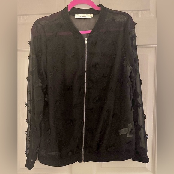 JustFab Jackets & Blazers - JustFab Black Sheer Bomber Jacket With Floral Appliqués